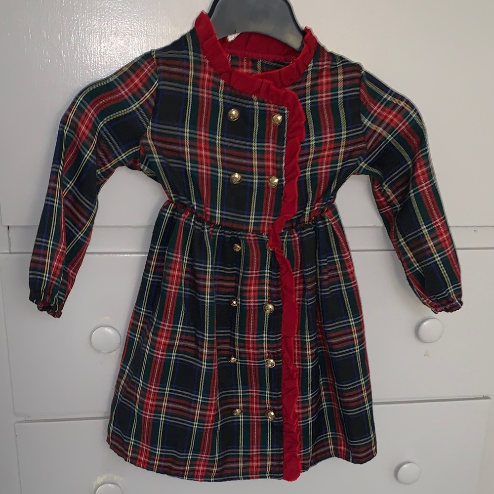 SHEIN Red and Green Plaid Holiday Dress with Gold Buttons